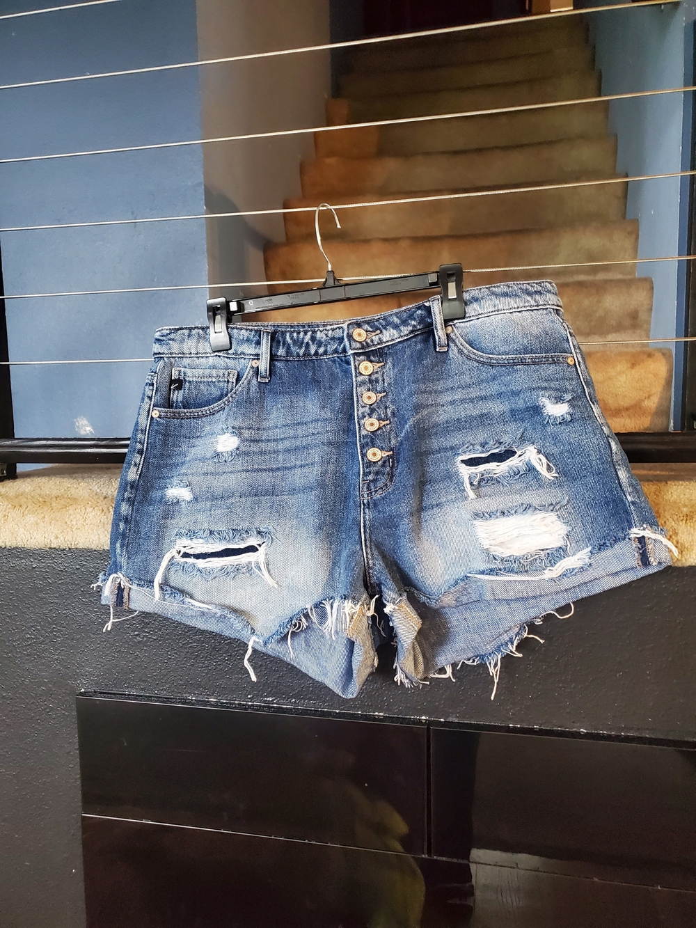 KanCan Distressed Medium Blue High-Rise Button-Fly Jean Shorts